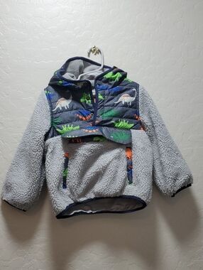 Kids Grey Sherpa Hoodie with Dinosaur Print